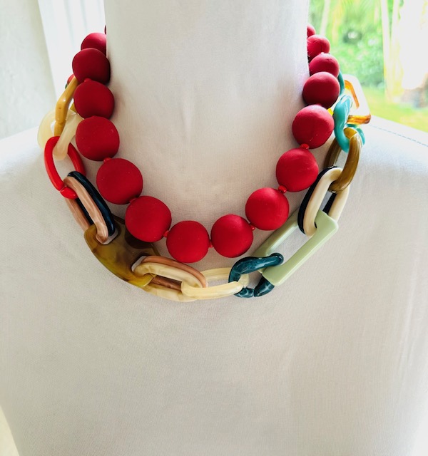 Statement Handmade Necklace in Red with Multi Chunky Chain