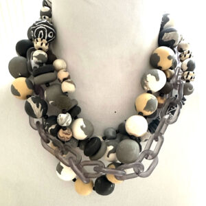 Statement Handmade Necklace in Black, Gray & Tan