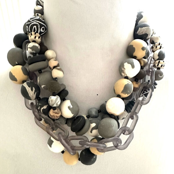 Statement Handmade Necklace in Black, Gray & Tan